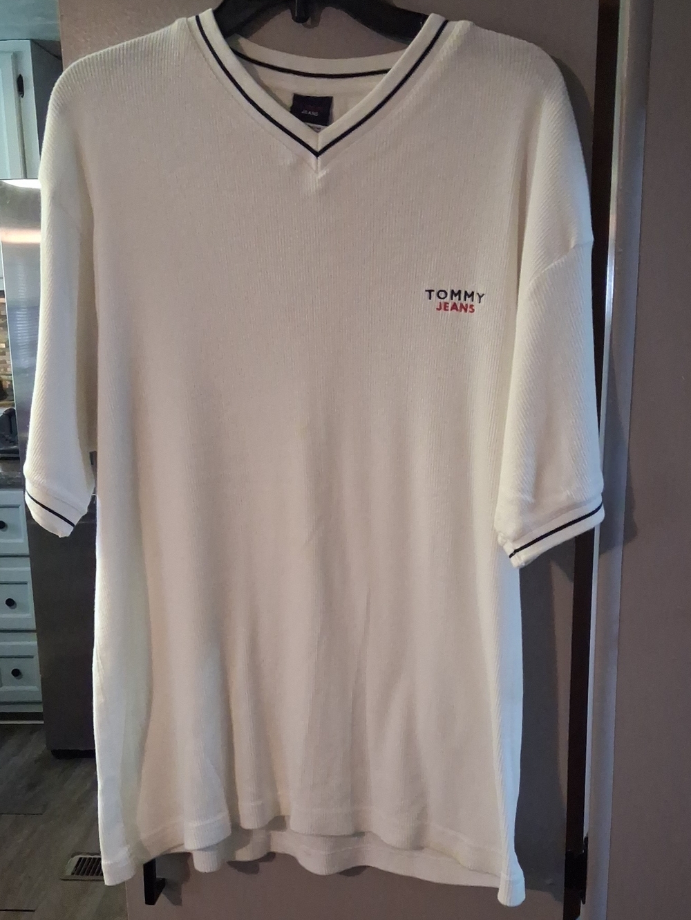 Tommy Hilfiger Cream Short Sleeve V-Neck Polo with Navy Trim